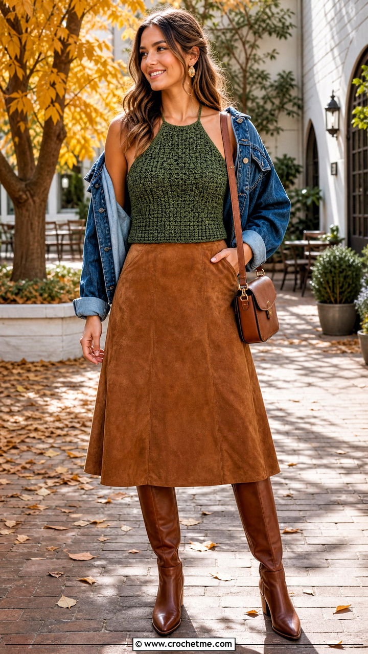 Moss Stitch Crochet Halter With Suede Midi Skirt - 35 crochet halter outfit ideas