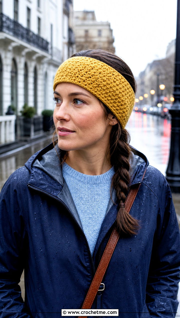 Moss Stitch Crochet Headband Ear Warmer With Rain Jacket - 20 Crochet Headband Ear Warmer outfit ideas