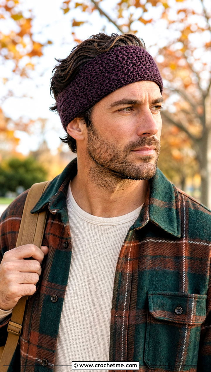 Moss Stitch Crochet Headband With Flannel Overshirt - 25 men's crochet headband outfit ideas