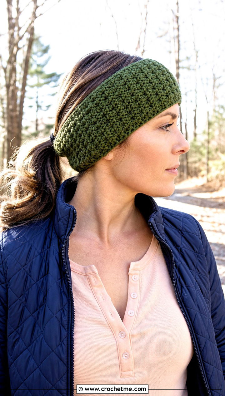 Moss Stitch Crochet Headband With Quilted Jacket - 30 crochet fall headband outfit ideas