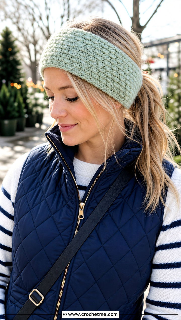 Moss Stitch Crochet Headband With Quilted Vest - 25 Easy Crochet Winter Headband outfit ideas
