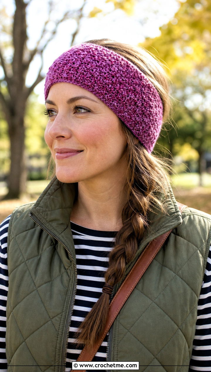 Moss Stitch Crochet Headband With Quilted Vest - 30 chunky crochet headband outfit ideas