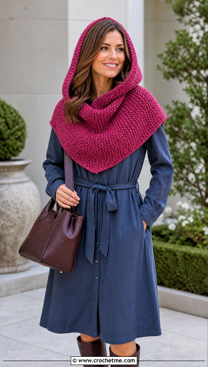 Moss Stitch Crochet Hooded Cowl With Shirt Dress - 30 easy crochet hooded cowl outfit ideas