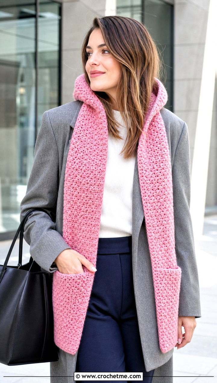 Moss Stitch Crochet Hooded Pocket Scarf With Blazer - 25 crochet hooded pocket scarf outfit ideas