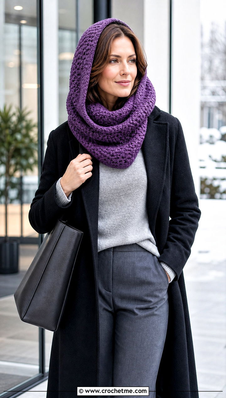 Moss Stitch Crochet Hooded Snood With Tailored Trousers - 15 crochet infinity scarf with hood outfit ideas
