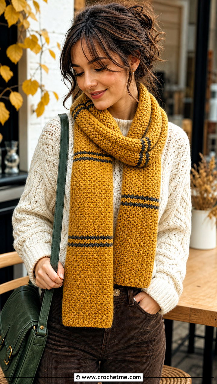 Moss Stitch Crochet Hufflepuff Scarf With Corduroy Pants - 30 crochet hufflepuff scarf outfit ideas
