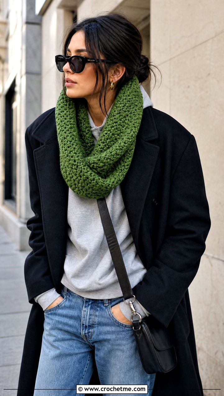 Moss Stitch Crochet Infinity Scarf With Hoodie And Tailored Coat - 15 Oversized Crochet Infinity Scarf outfit ideas