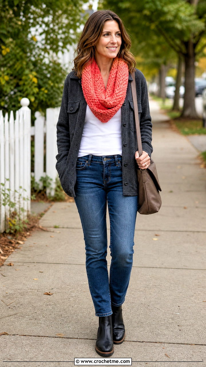 Moss Stitch Crochet Infinity Scarf With Shacket - 35 crochet infinity scarf outfit ideas