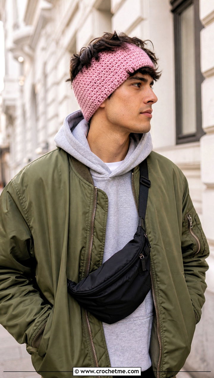 Moss Stitch Crochet Mens Ear Warmer With Bomber Jacket - 25 Crochet Mens Ear Warmer outfit ideas