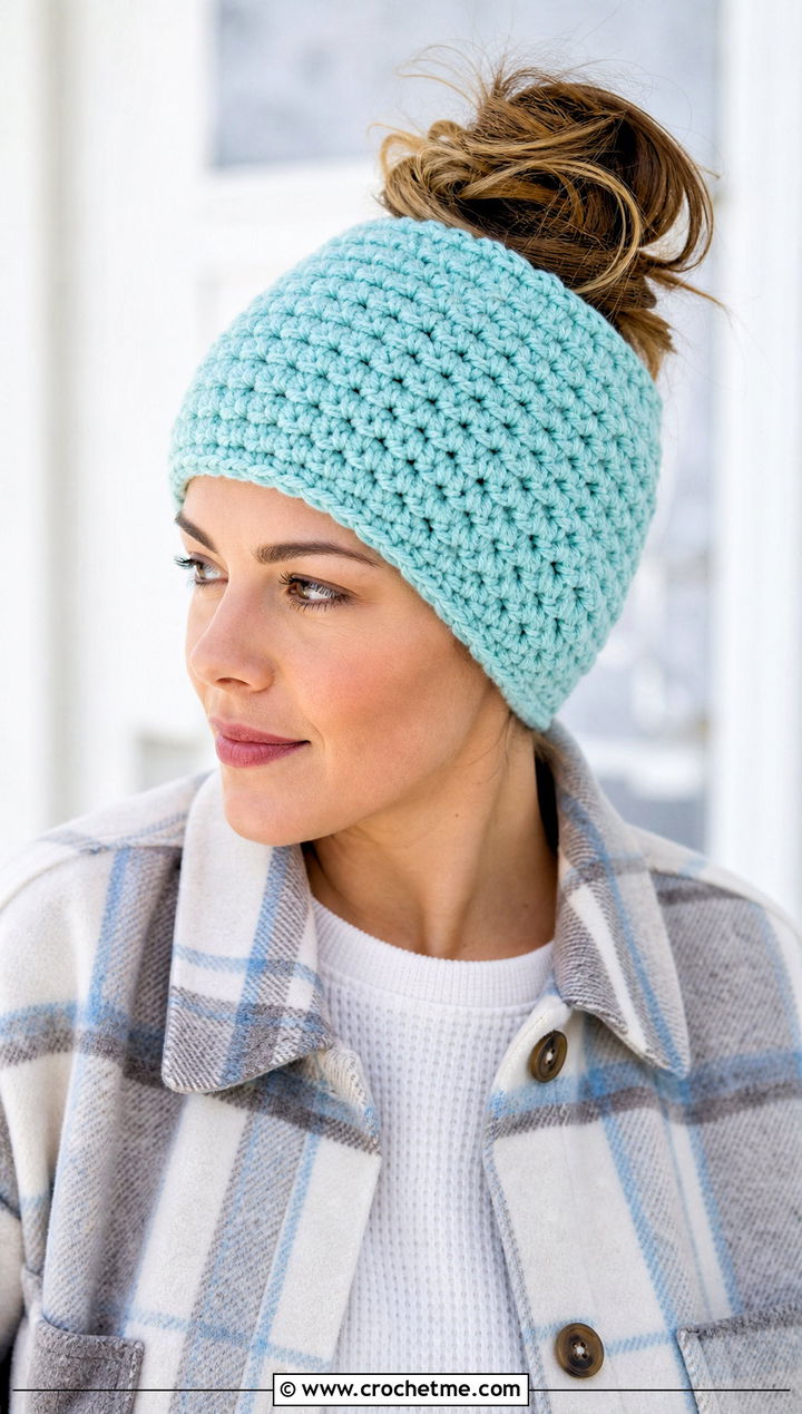 Moss Stitch Crochet Messy Bun Beanie With Shacket - 20 Moss Stitch Crochet Hat outfit ideas