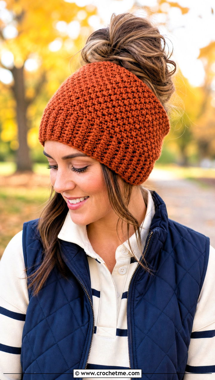 Moss Stitch Crochet Messy Bun Hat With Elastic And Quilted Vest - 25 Crochet Messy Bun Hat With Elastic outfit ideas