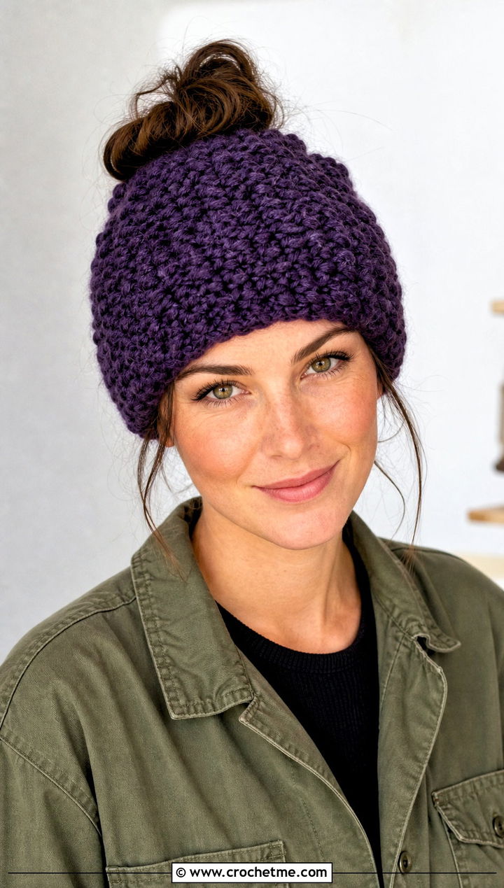 Moss Stitch Crochet Messy Bun Hat With Utility Jumpsuit - 20 Crochet Messy Bun Hat Bulky Yarn outfit ideas