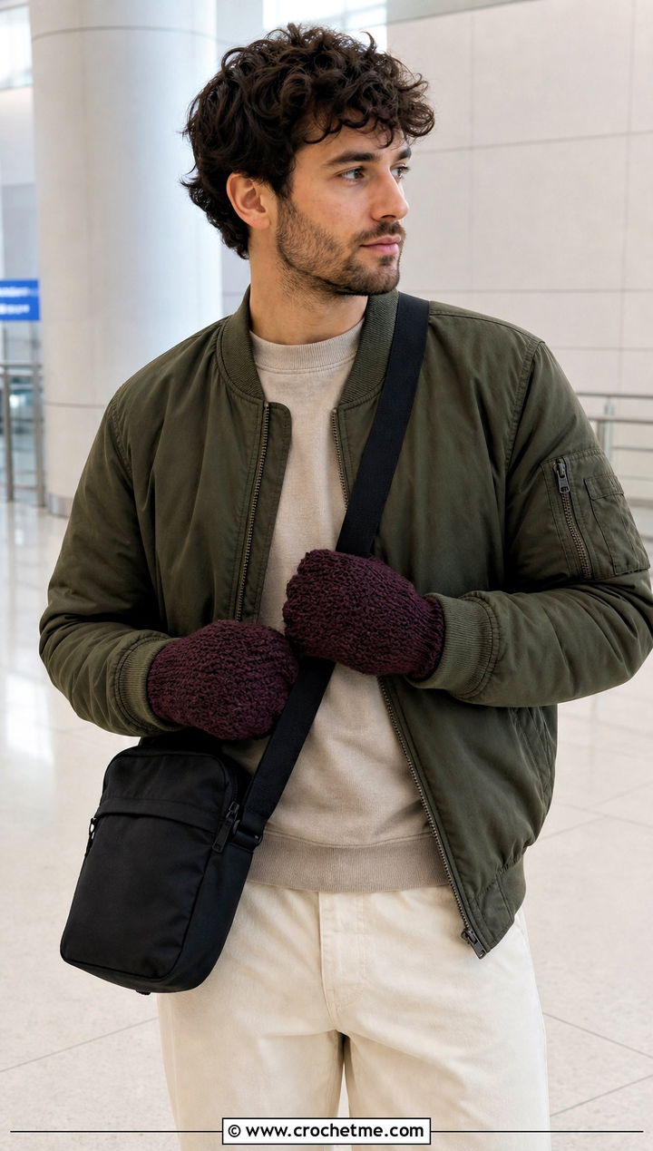 Moss Stitch Crochet Mittens With Bomber Jacket - 25 crochet mittens for men outfit ideas