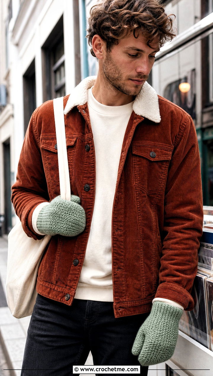 Moss Stitch Crochet Mittens With Corduroy Jacket - 25 Mens Crochet Mittens outfit ideas
