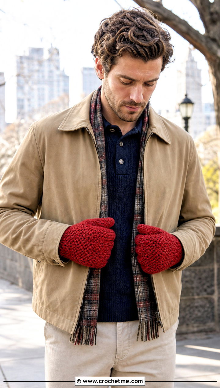 Moss Stitch Crochet Mittens With Harrington Jacket - 25 Crochet Mens Mittens outfit ideas
