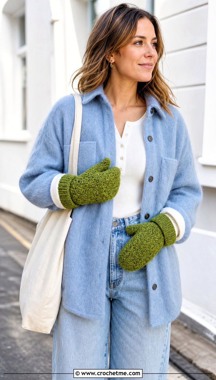 Moss Stitch Crochet Mittens With Overshirt And Barrel Jeans - 25 Easy Crocheted Mittens outfit ideas