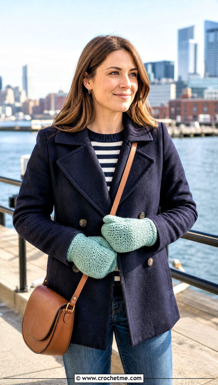 Moss Stitch Crochet Mittens With Peacoat and Straight Jeans - 25 Simple Crochet Mittens outfit ideas
