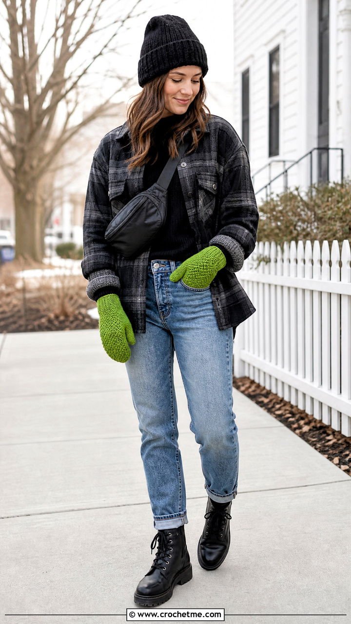 Moss Stitch Crochet Mittens With Shacket - 35 crochet mittens outfit ideas