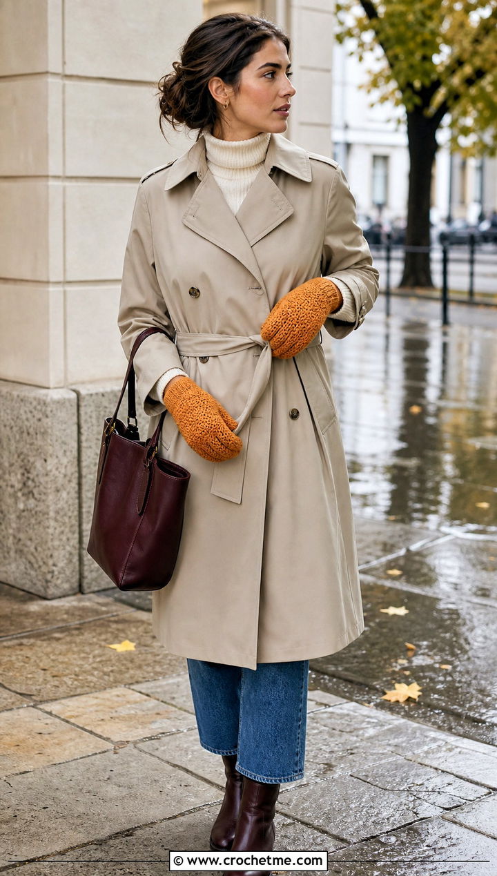 Moss Stitch Crochet Mittens With Trench Coat - 25 quick crochet mittens outfit ideas