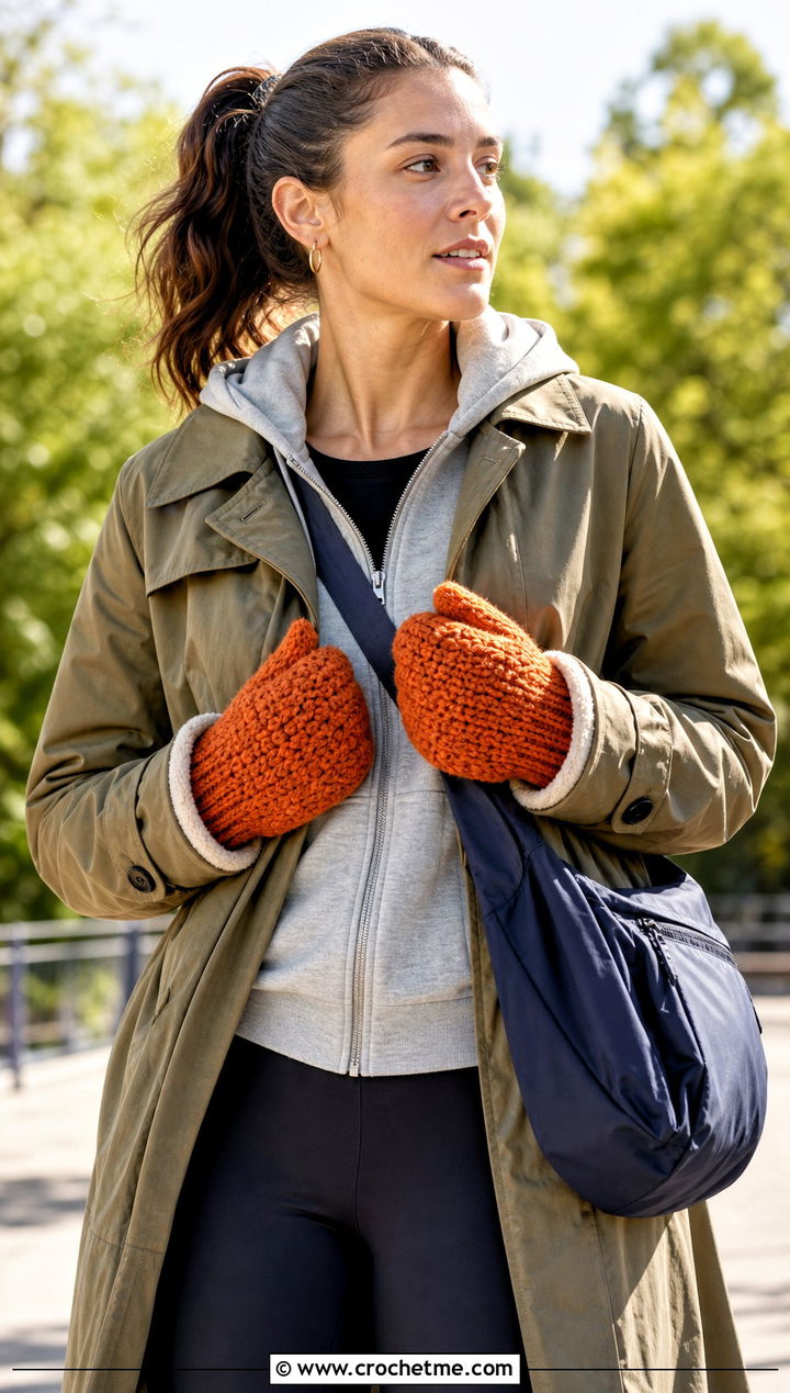 Moss Stitch Crochet Mittens With Trench Coat - 15 Crochet Mittens With Fleece Lining outfit ideas