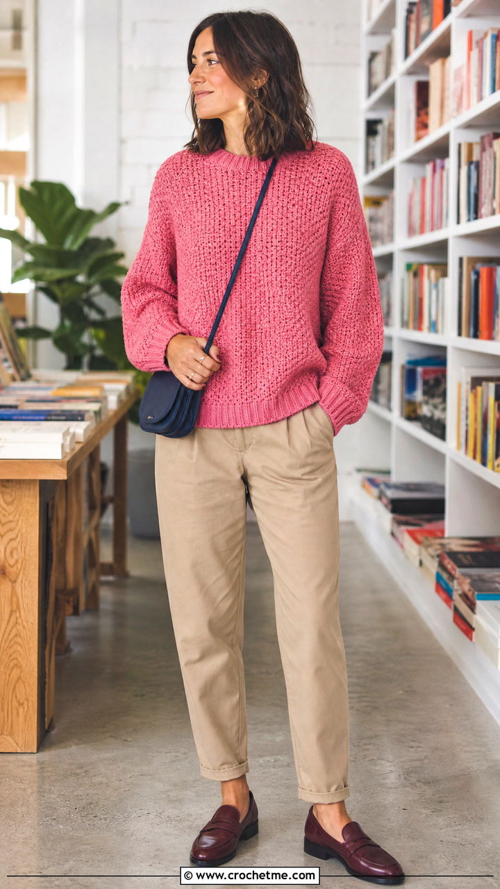 Moss Stitch Crochet Oversized Sweater With Chino Pants - 35 crochet oversized sweater outfit ideas