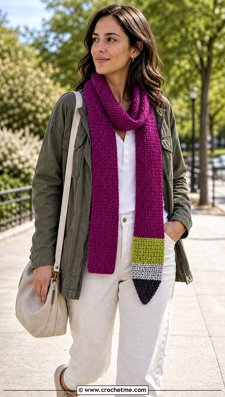 Moss Stitch Crochet Pencil Scarf With Utility Jacket - 25 Crochet Pencil Scarf outfit ideas
