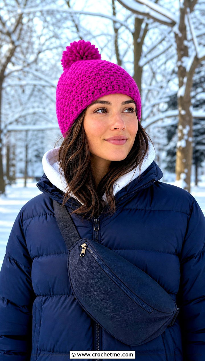 Moss Stitch Crochet Pom Pom Beanie With Puffer Jacket - 20 Moss Stitch Crochet Hat outfit ideas