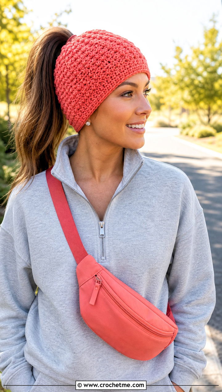 Moss Stitch Crochet Ponytail Beanie With Jogger Set - 20 Moss Stitch Crochet Hat outfit ideas