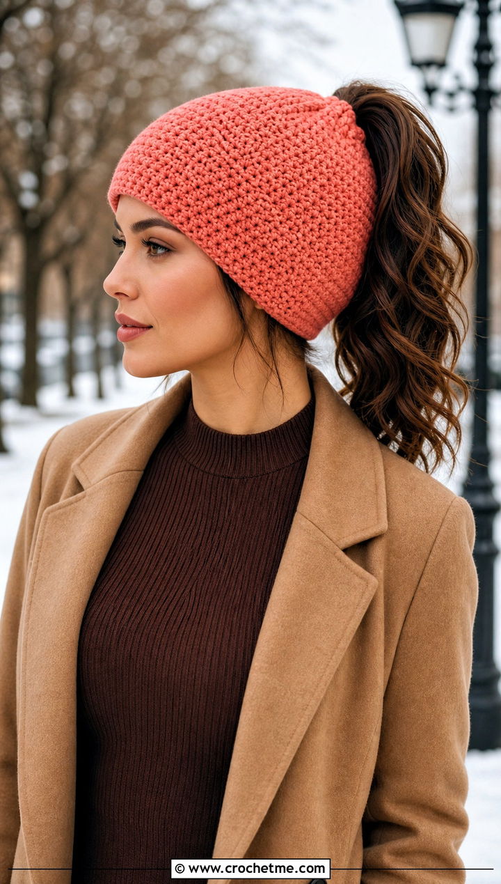 Moss Stitch Crochet Ponytail Beanie With Sweater Dress - 20 Crochet Ponytail Beanie outfit ideas