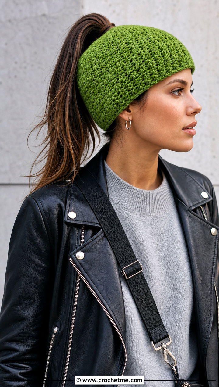 Moss Stitch Crochet Ponytail Hat With Leather Jacket - 20 easy crochet ponytail hat outfit ideas