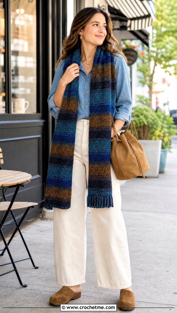 Moss Stitch Crochet Ravenclaw Scarf With Denim Shirt - 35 crochet ravenclaw scarf outfit ideas