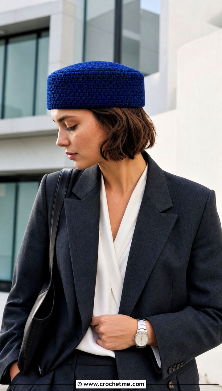 Moss Stitch Crochet Rectangle Hat With Blazer - 25 Crochet Rectangle Hat outfit ideas