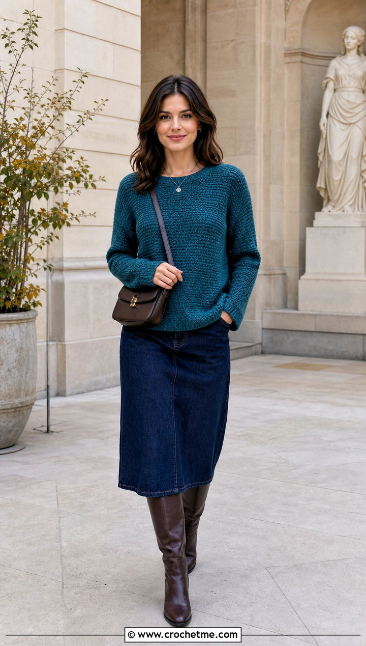 Moss Stitch Crochet Rory Gilmore Sweater With Denim Midi Skirt - 25 crochet rory gilmore sweater outfit ideas