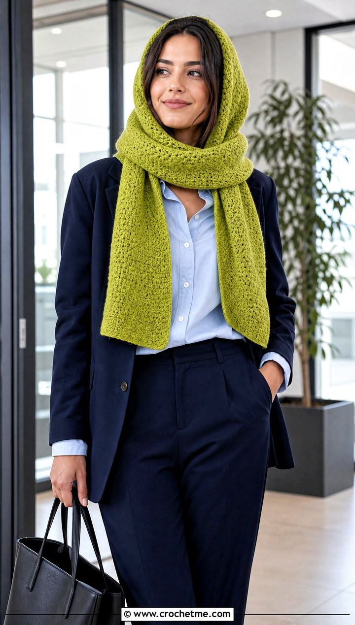 Moss Stitch Crochet Scarf Hood With Blazer - 30 crochet scarf hood outfit ideas