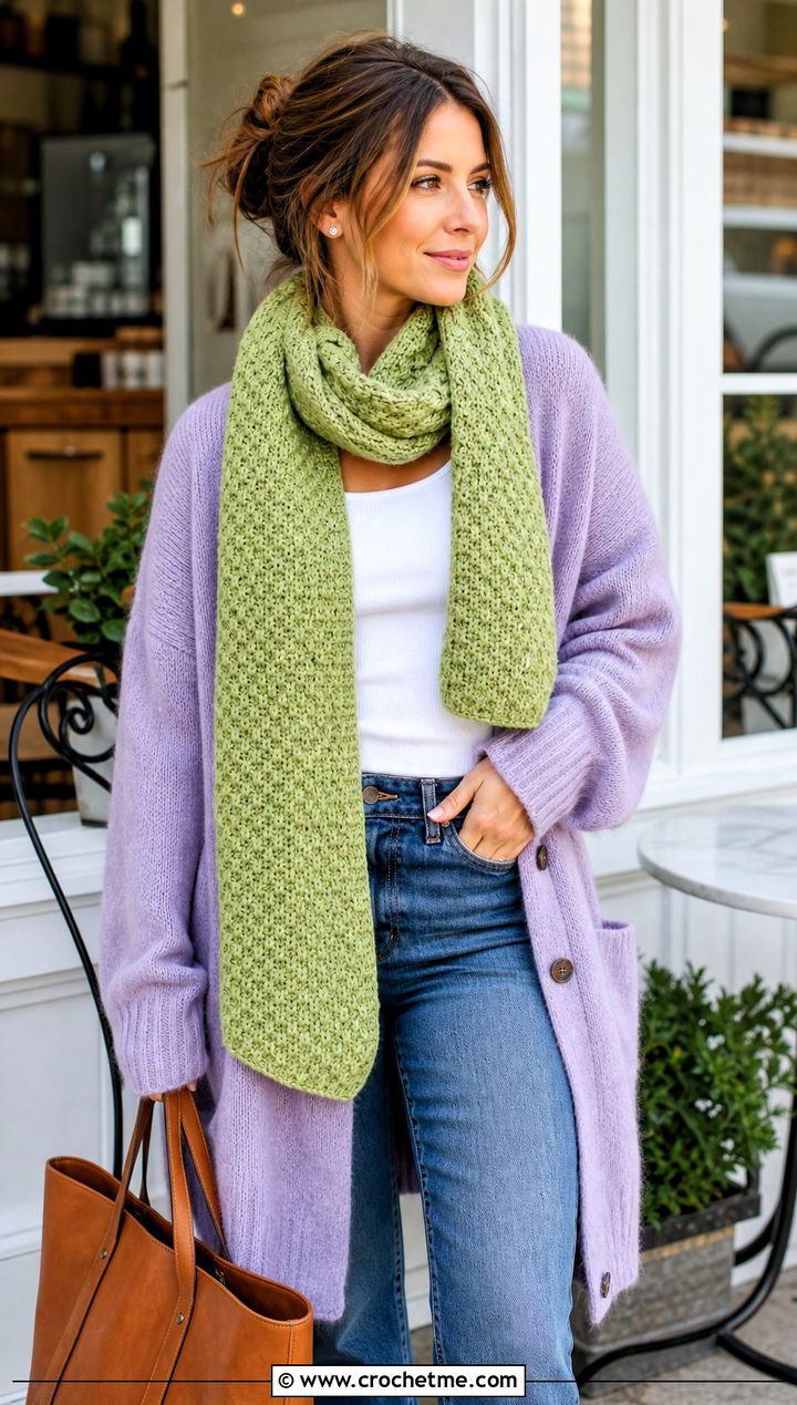 Moss Stitch Crochet Scarf With Cardigan And Jeans - 30 unique crochet scarf outfit ideas