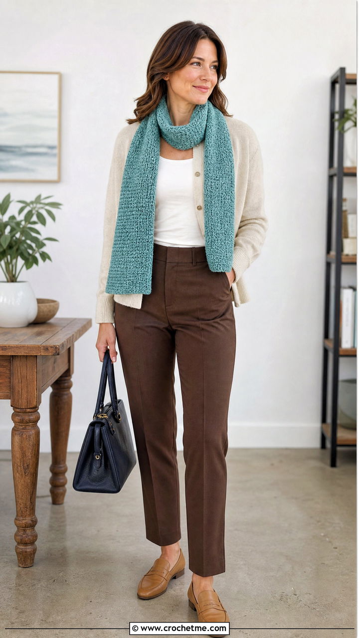 Moss Stitch Crochet Scarf With Cardigan And Trousers - 35 beginner crochet scarf outfit ideas
