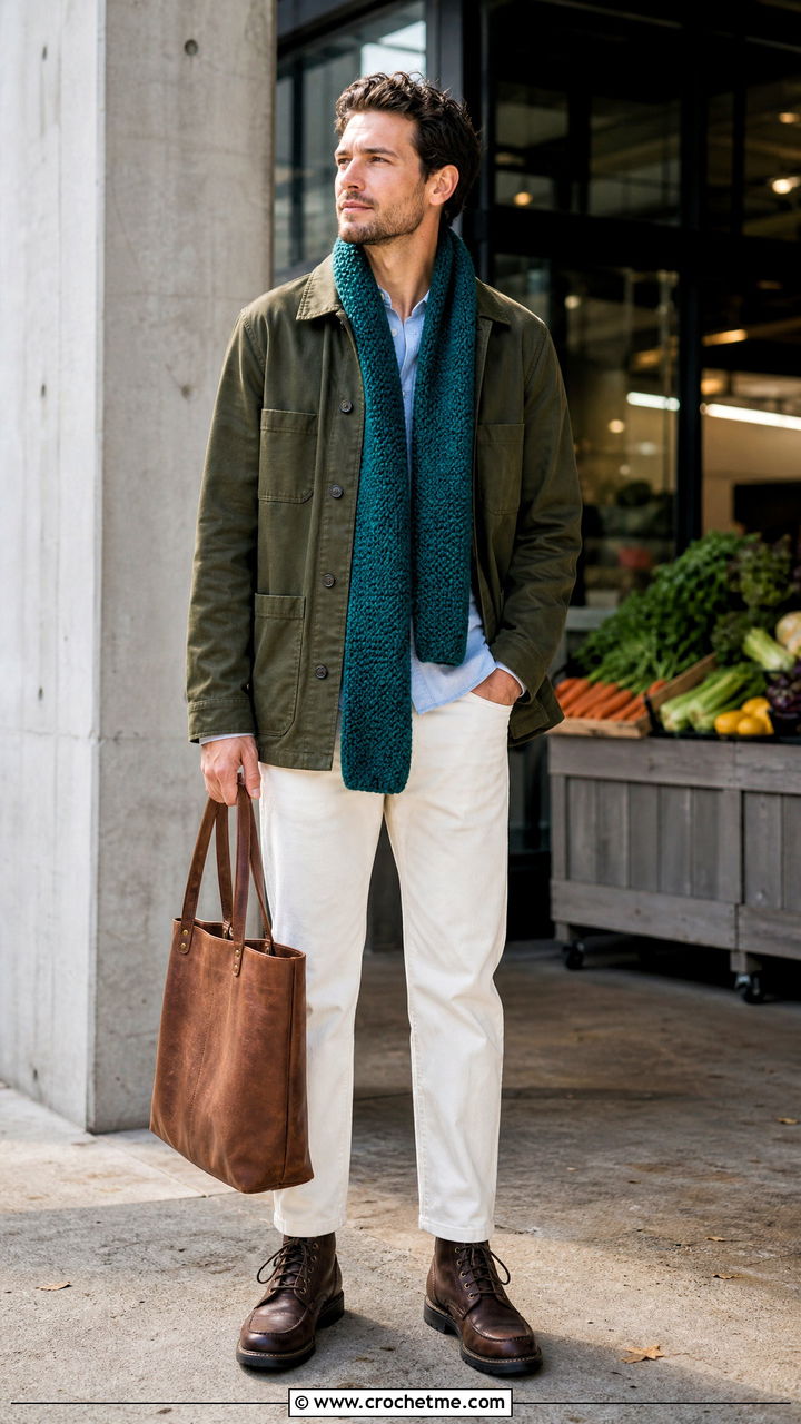 Moss Stitch Crochet Scarf With Chore Coat - 35 crochet scarf for men outfit ideas