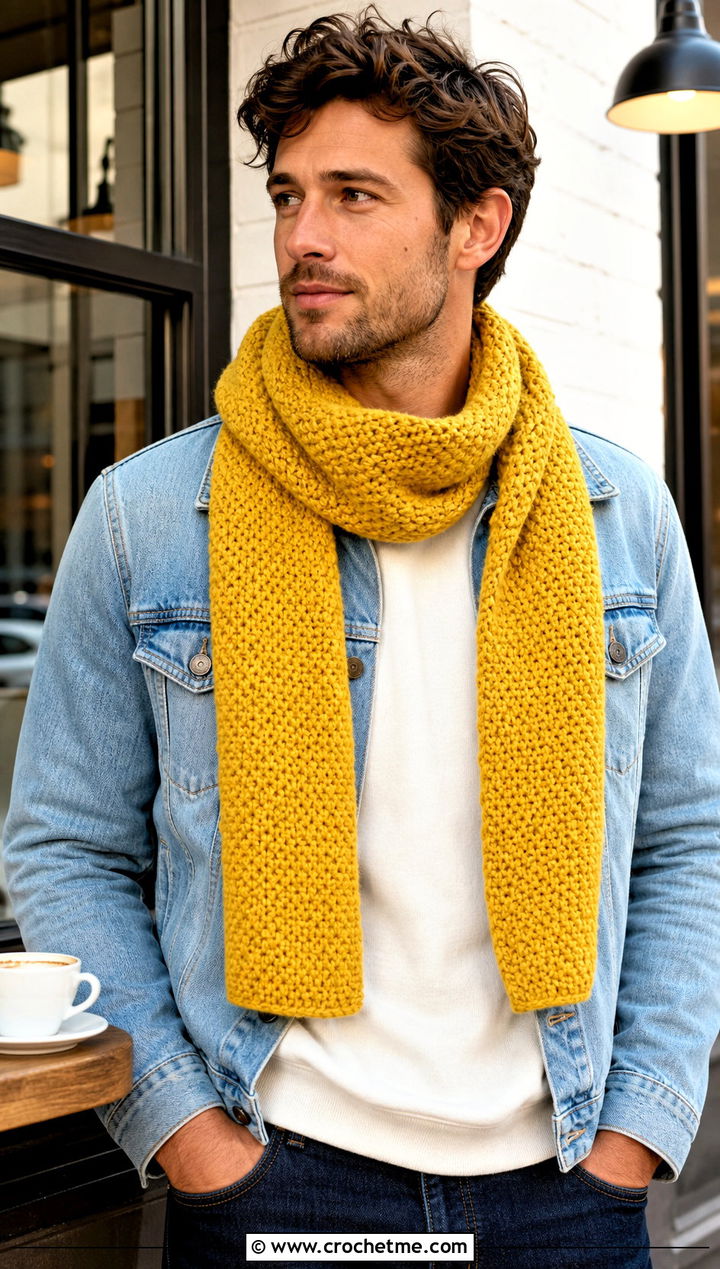 Moss Stitch Crochet Scarf With Denim Jacket - 15 crochet stitch for mens scarf outfit ideas