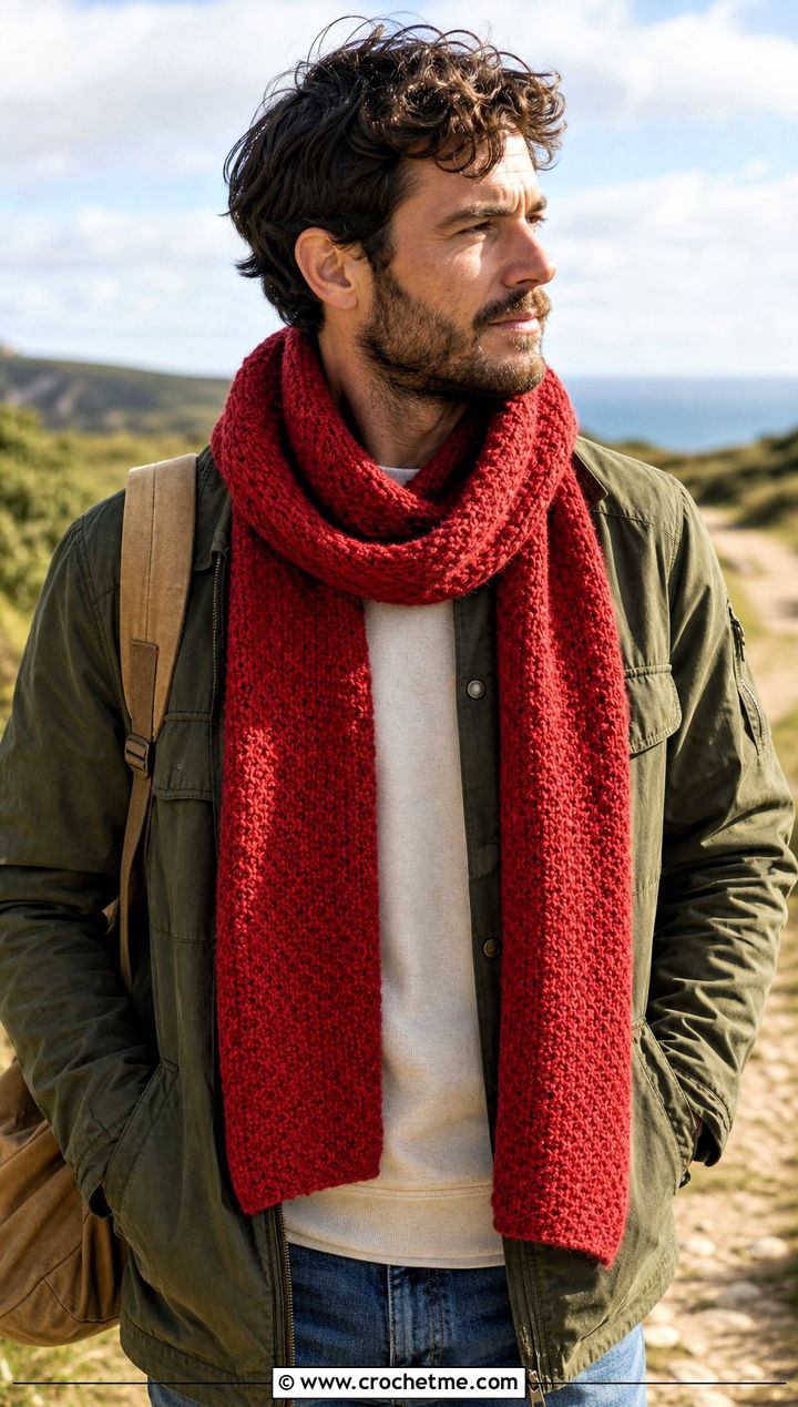 Moss Stitch Crochet Scarf With Field Jacket - 30 crochet scarf ideas for men
