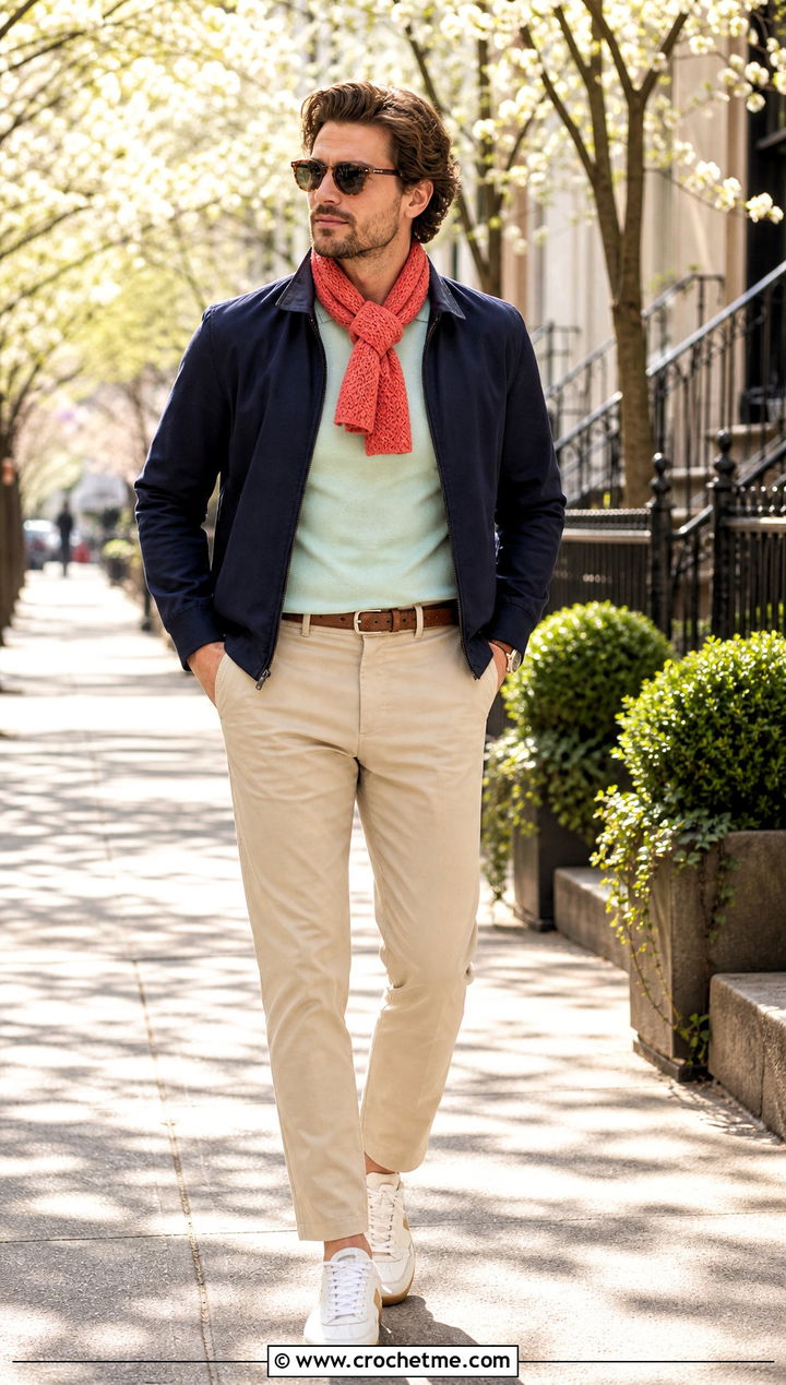 Moss Stitch Crochet Scarf With Harrington Jacket - 35 men crochet scarf outfit ideas