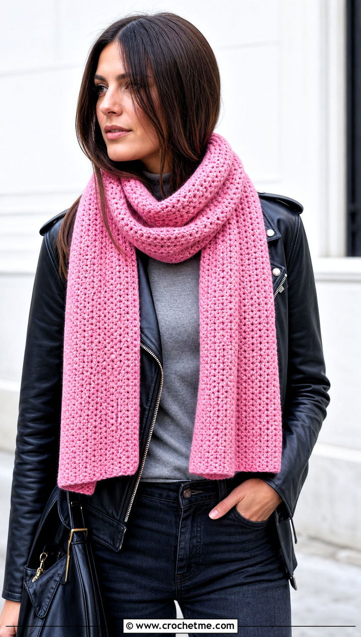 Moss Stitch Crochet Scarf With Leather Jacket - 20 Beginner Crochet Projects Scarf outfit ideas