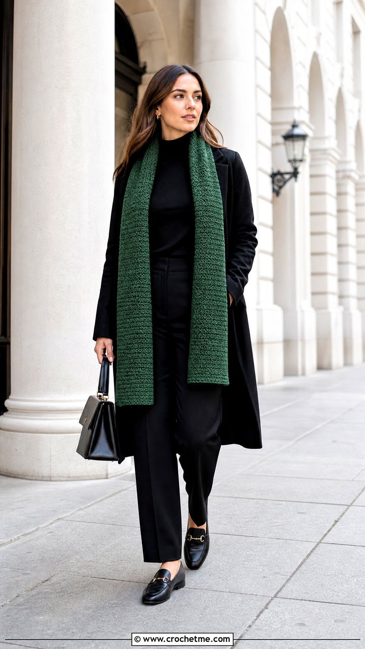 Moss Stitch Crochet Scarf With Monochrome Outfit - 35 easy crochet scarves outfit ideas