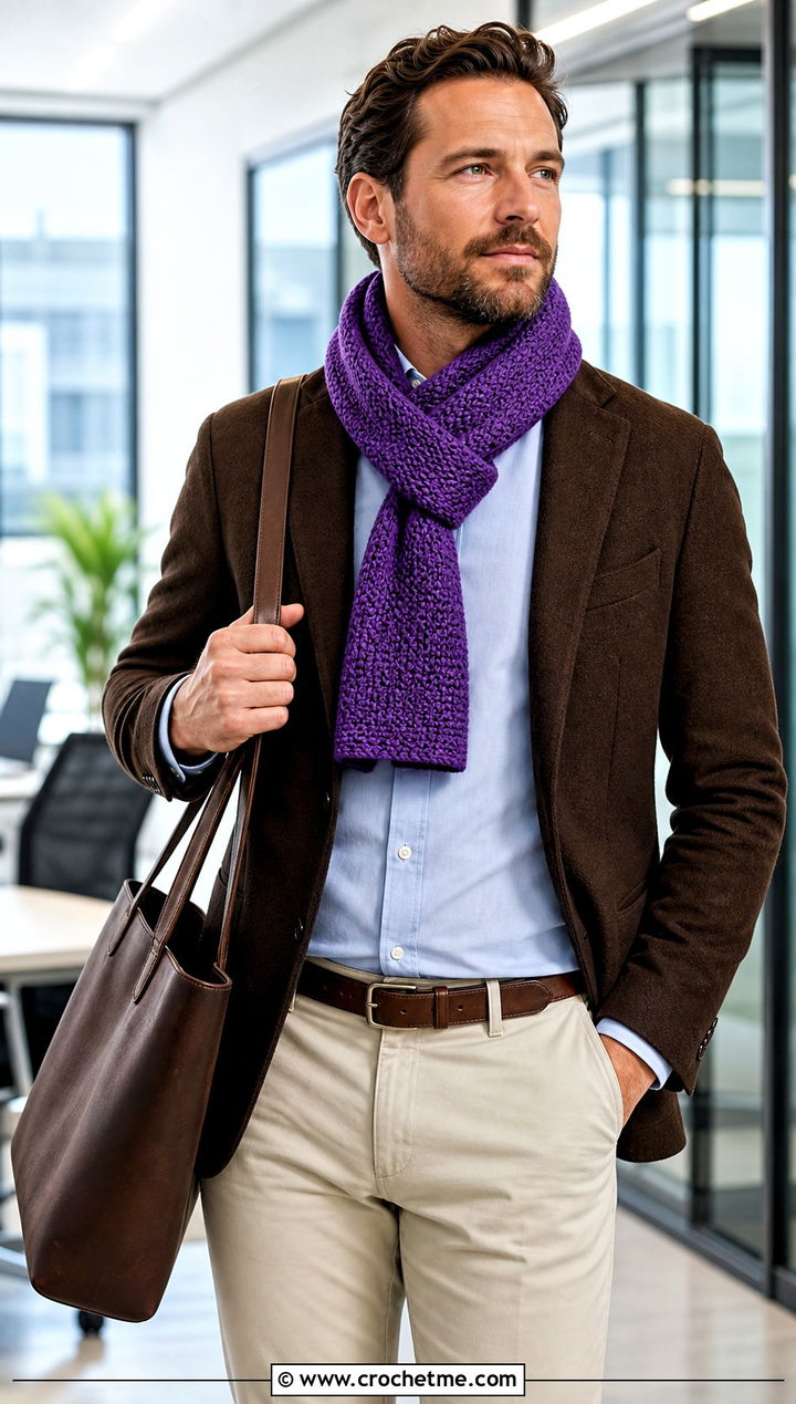 Moss Stitch Crochet Scarf With Office Blazer - 30 male crochet scarf outfit ideas
