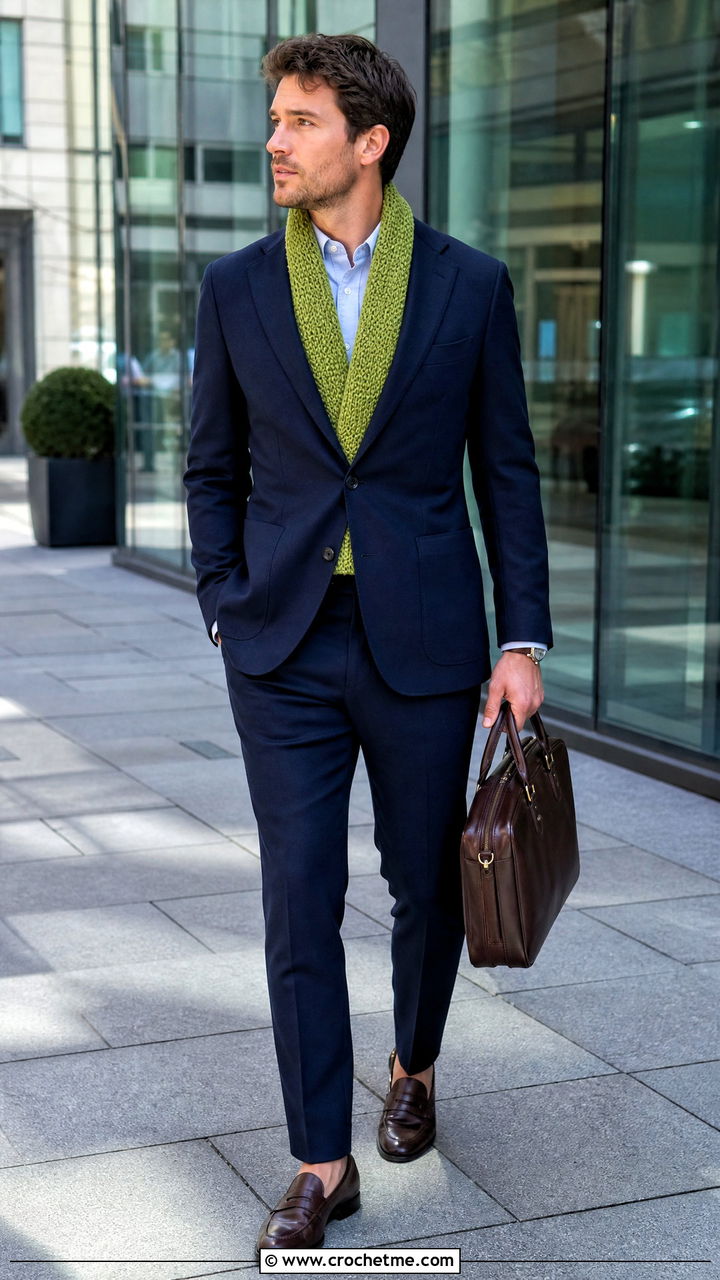 Moss Stitch Crochet Scarf With Office Suit - 35 men's crochet scarf outfit ideas