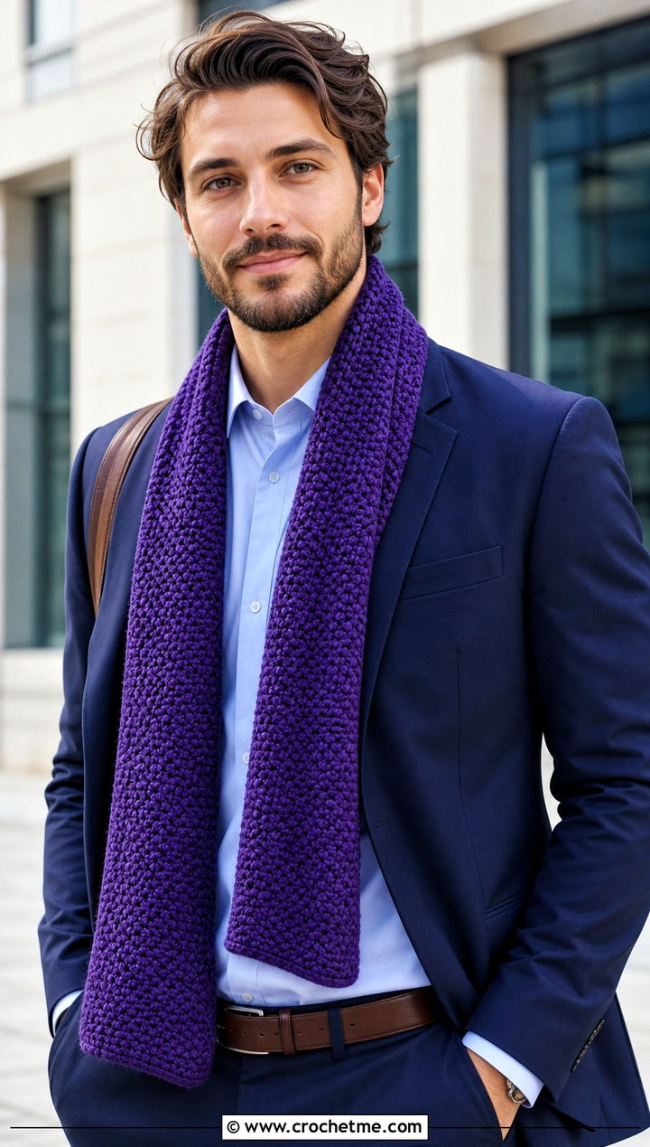 Moss Stitch Crochet Scarf With Office Suit - 30 Mens Crochet Scarf outfit ideas