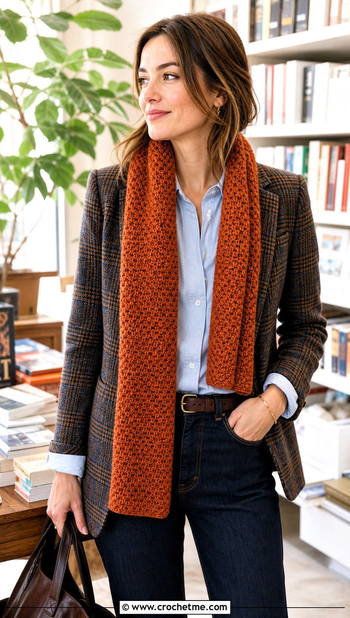 Moss Stitch Crochet Scarf With Plaid Blazer - 30 autumn crochet scarf outfit ideas