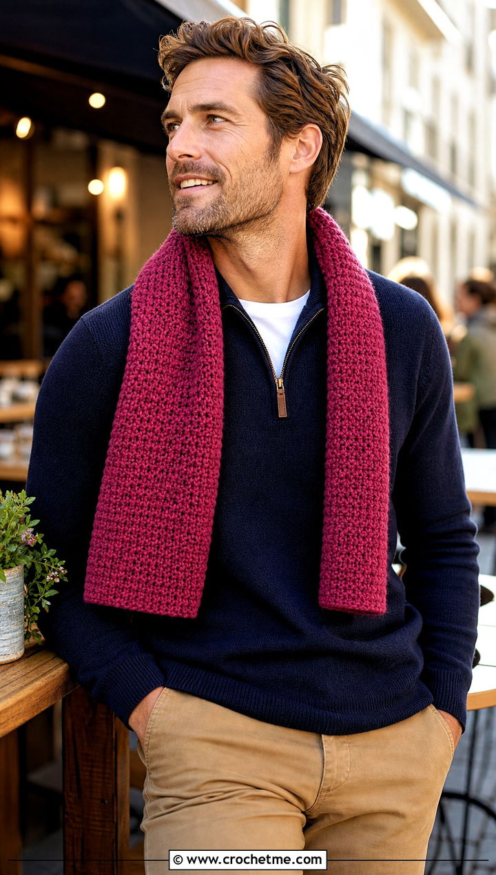 Moss Stitch Crochet Scarf With Quarter Zip Sweater - 30 easy crochet scarf men outfit ideas
