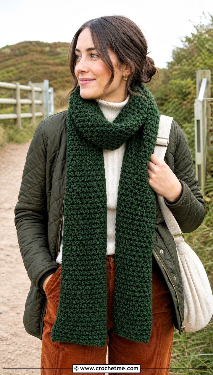 Moss Stitch Crochet Scarf With Quilted Jacket - 15 Crochet For Scarves Using Bulky Yarn outfit ideas