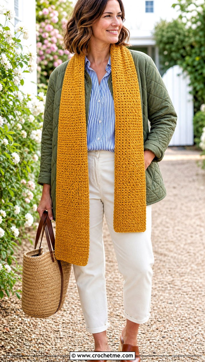 Moss Stitch Crochet Scarf With Quilted Jacket - 30 bulky crochet scarf outfit ideas
