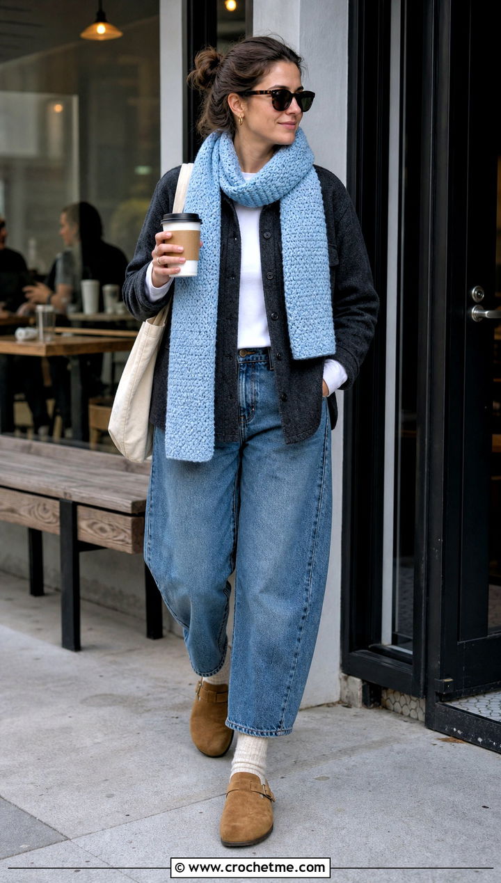Moss Stitch Crochet Scarf With Shacket And Barrel Jeans - 35 Winter Crochet Scarfs For Women outfit ideas